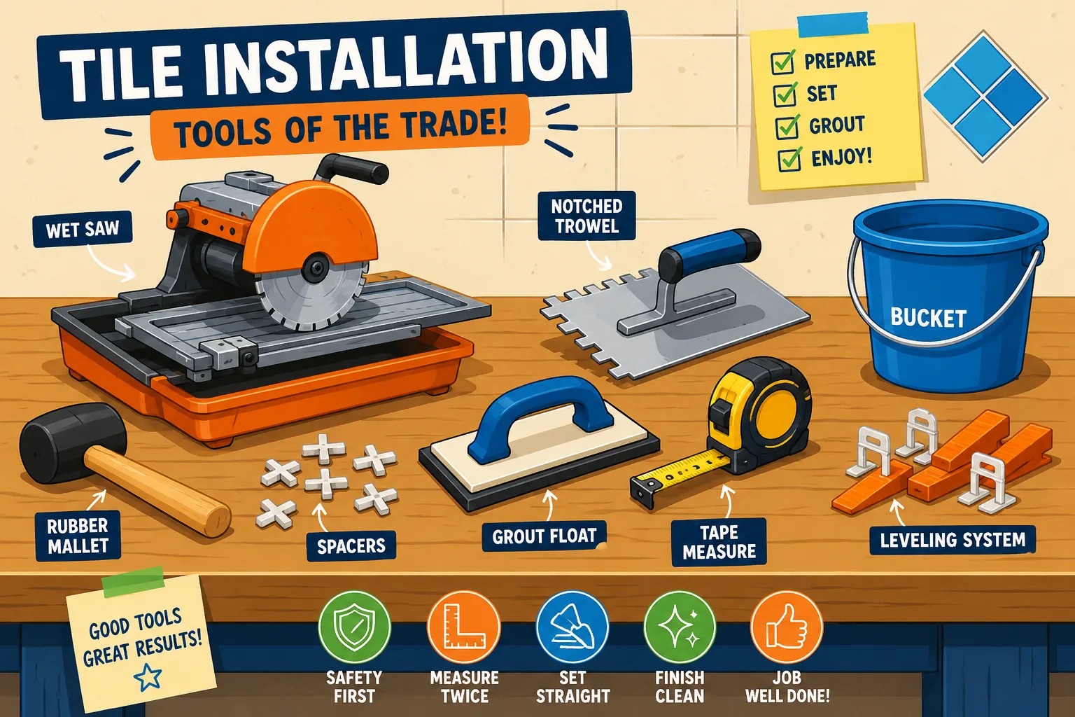 Cartoon style ceramic tile installation tools arranged neatly on a workbench