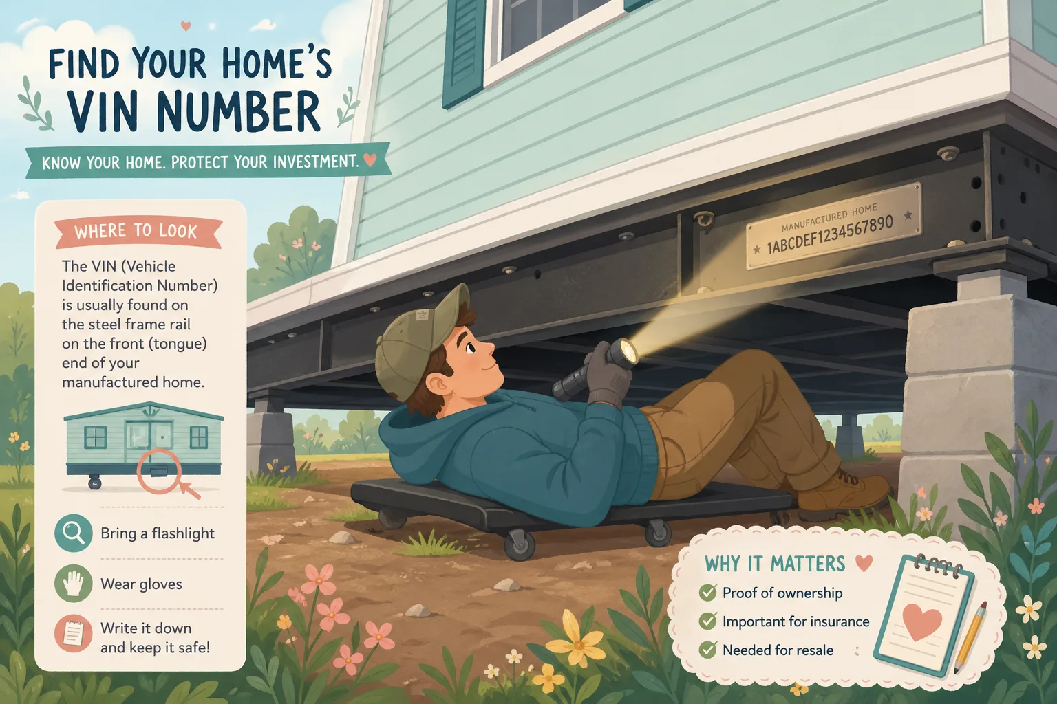 Cartoon illustration of a homeowner checking the underside frame of a mobile home for a VIN number