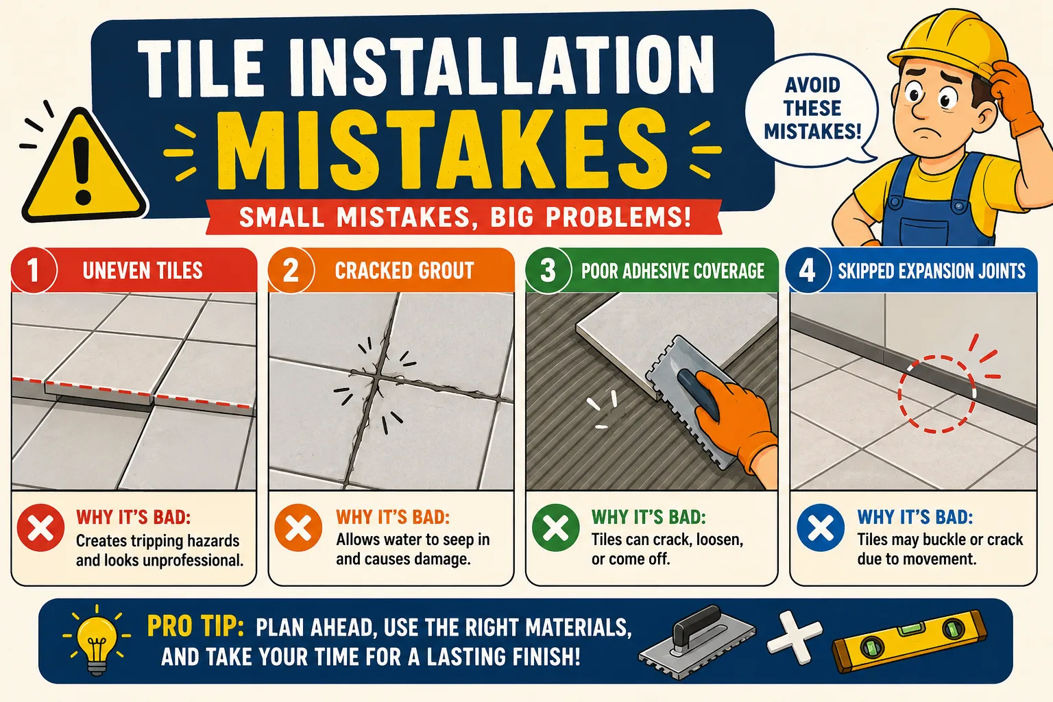 Flat design illustration showing common ceramic tile installation mistakes