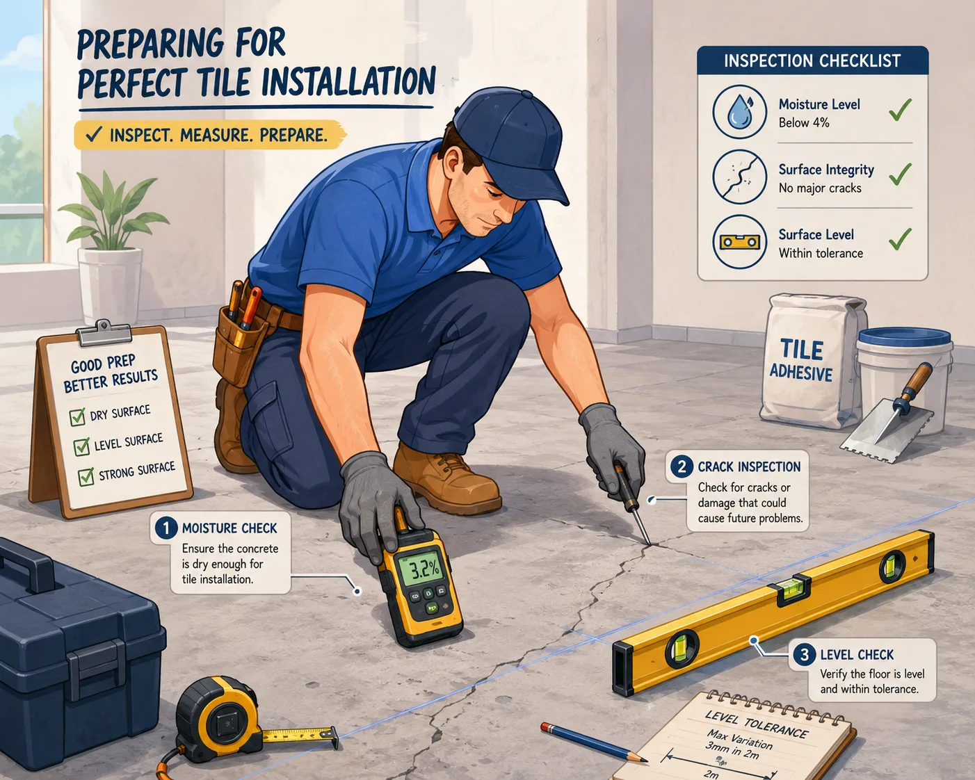 Illustrated contractor inspecting a concrete floor before tile installation