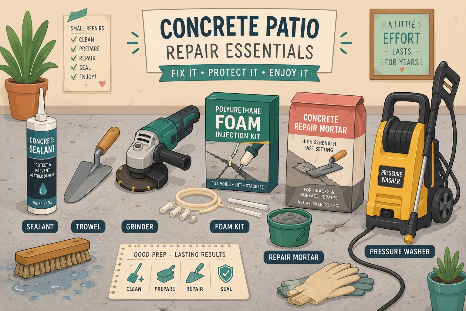 Whimsical vector illustration of concrete patio repair tools and materials