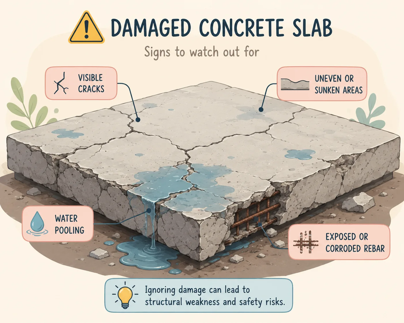 Whimsical illustration of cracked and uneven concrete slab with water pooling