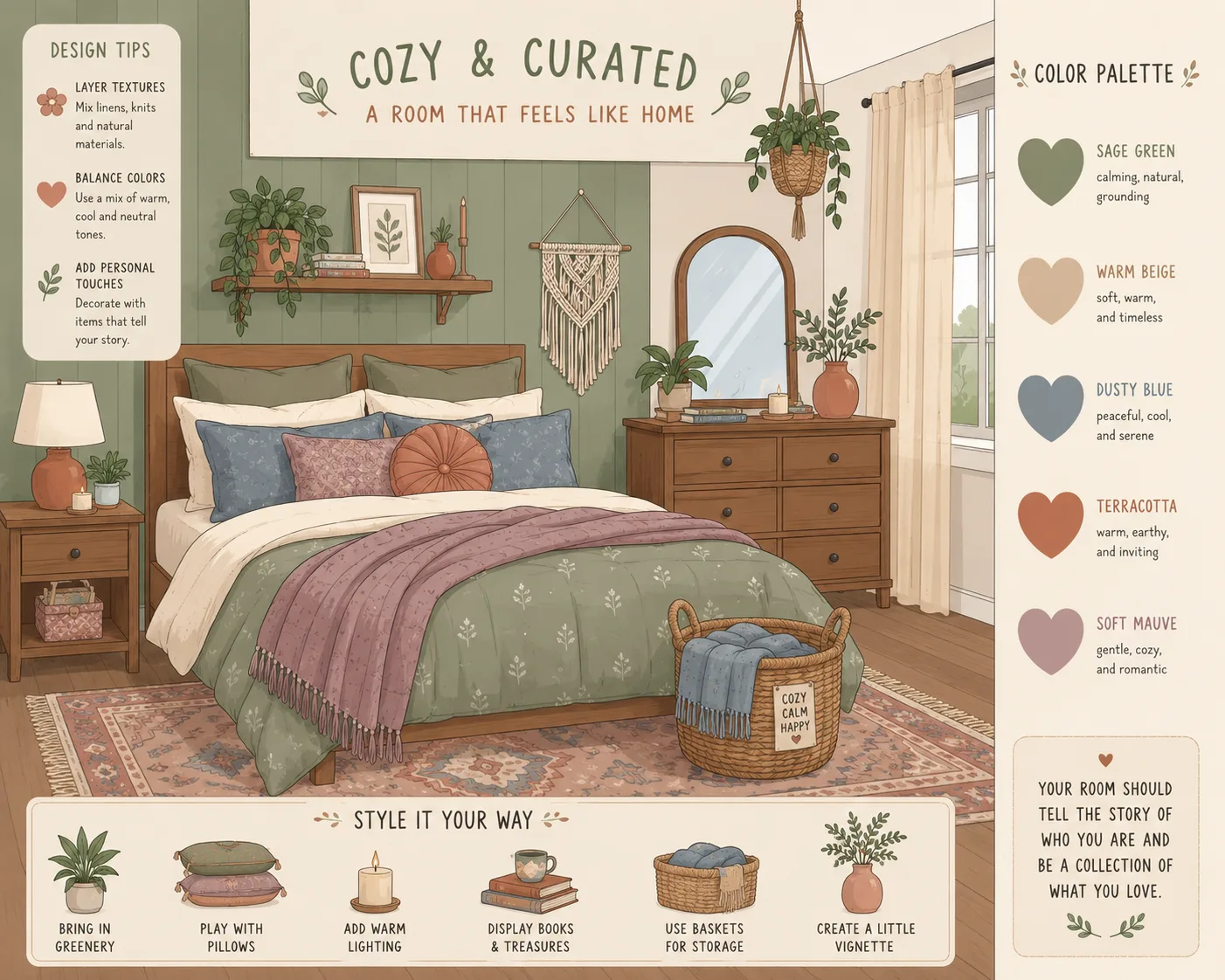 Warm cozy bedroom color palette with layered decor