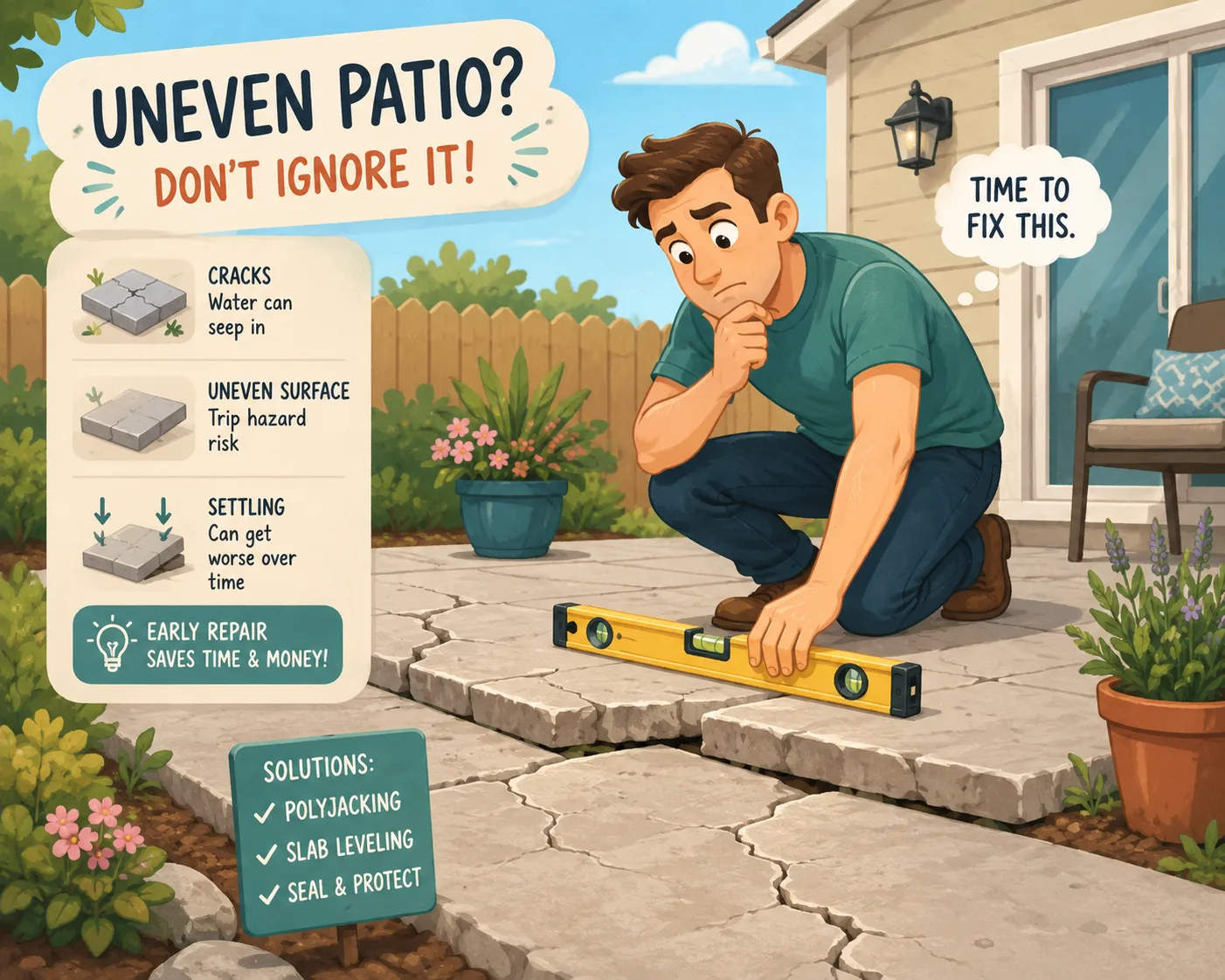 Stylized illustration of cracked uneven concrete patio inspection
