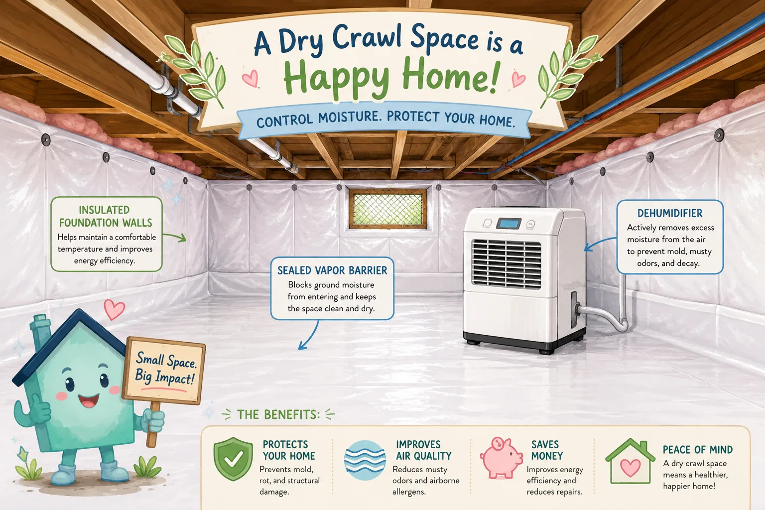 Stylized encapsulated crawl space with vapor barrier and dehumidifier