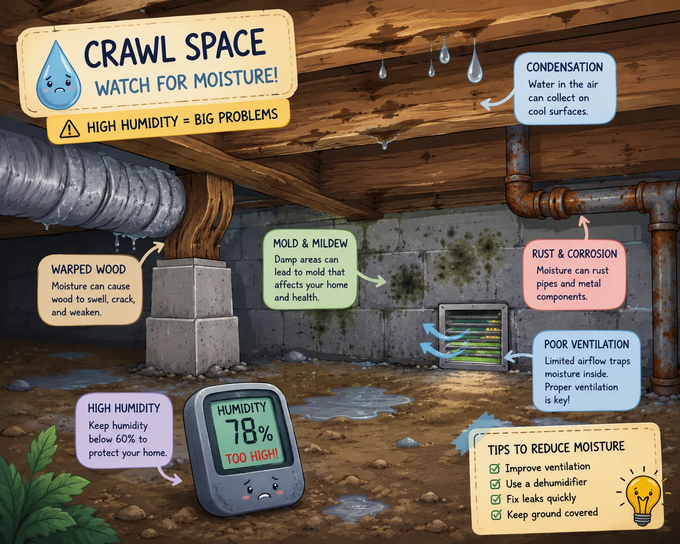 Cartoon crawl space with moisture damage and warning signs
