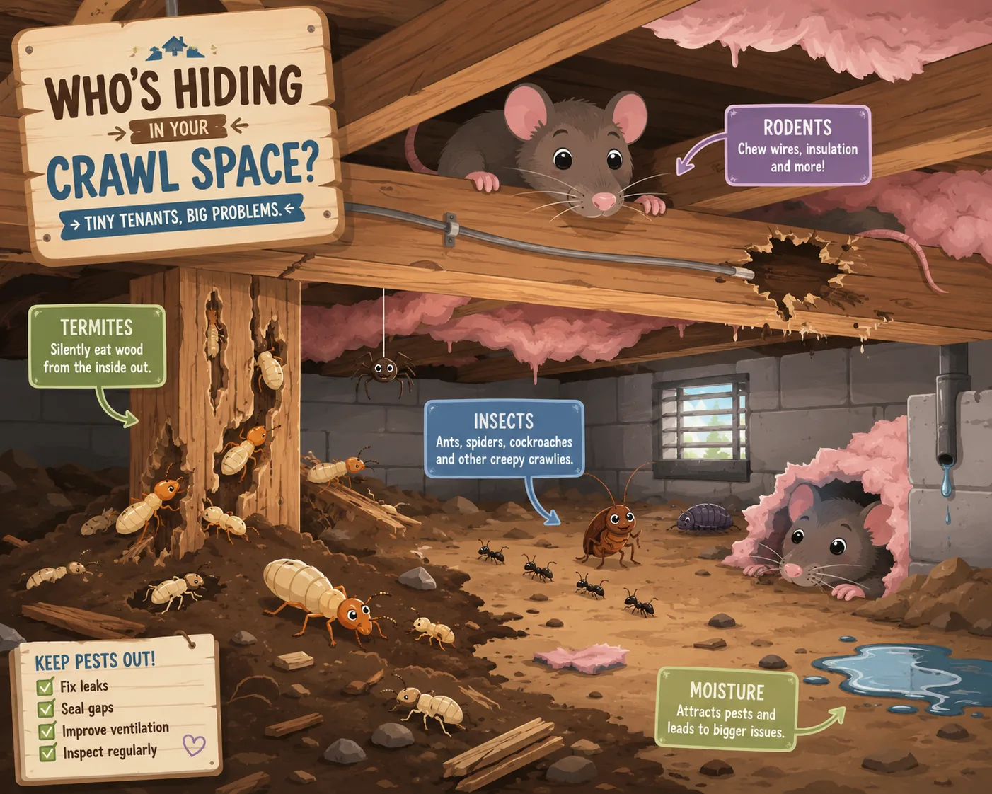 Whimsical illustration of pests inside a crawl space