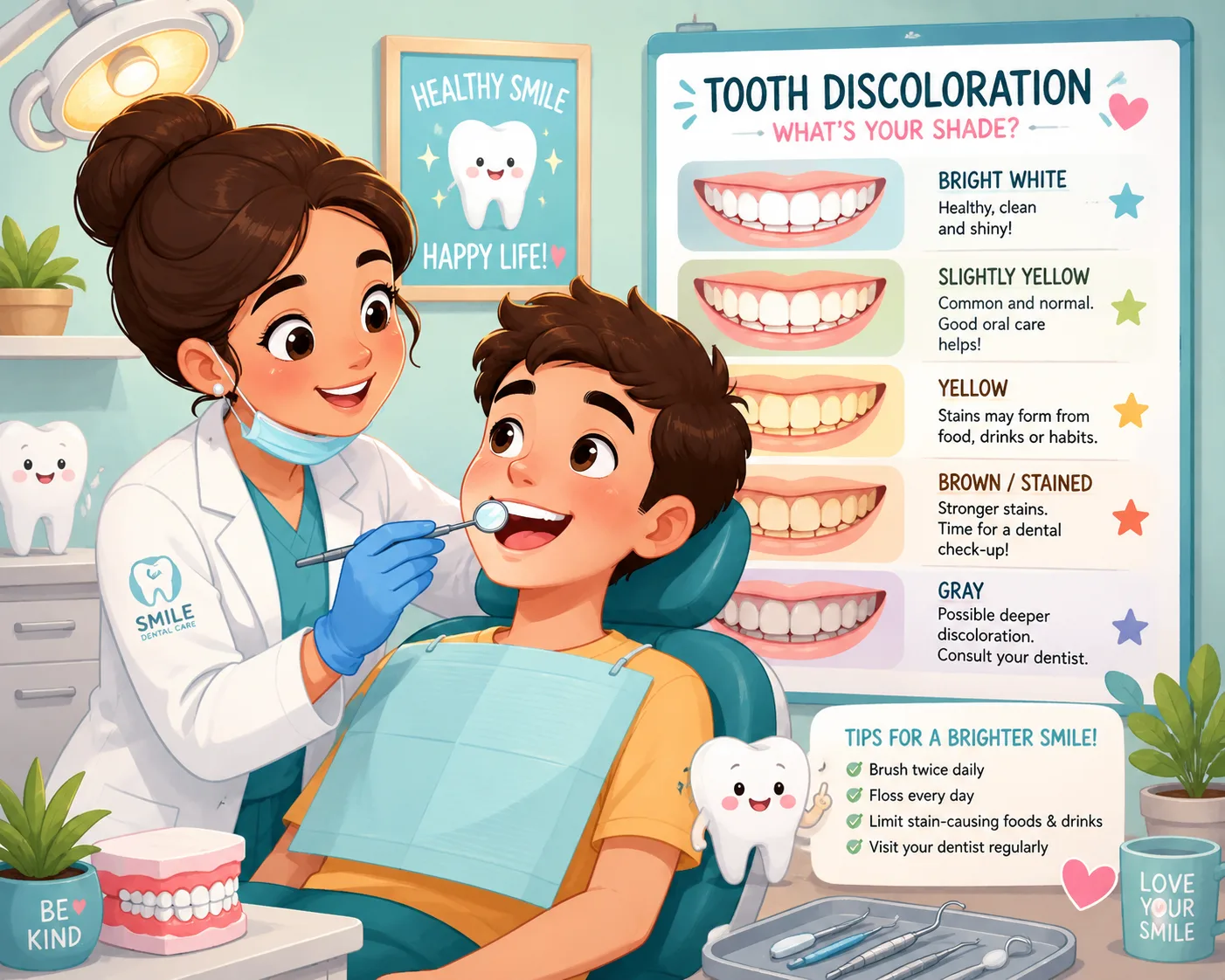 Whimsical dentist examining tooth discoloration in a colorful clinic