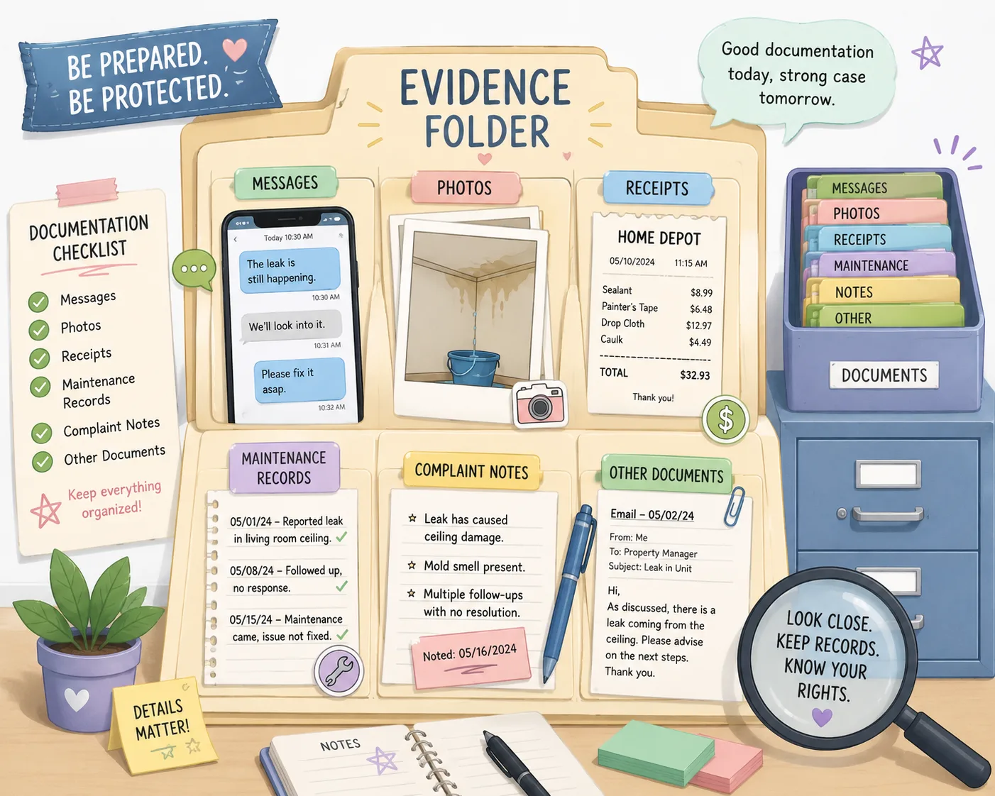 Organized evidence folder with messages photos receipts and complaint records