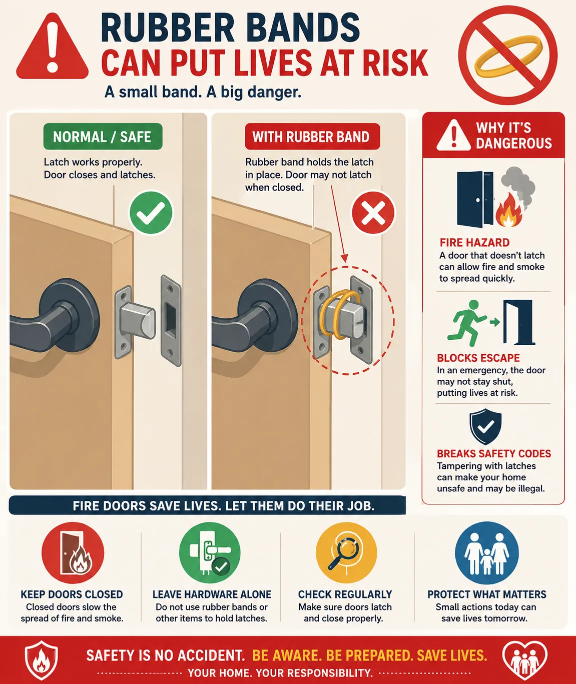 Illustrated warning about blocked door latch and fire safety concerns