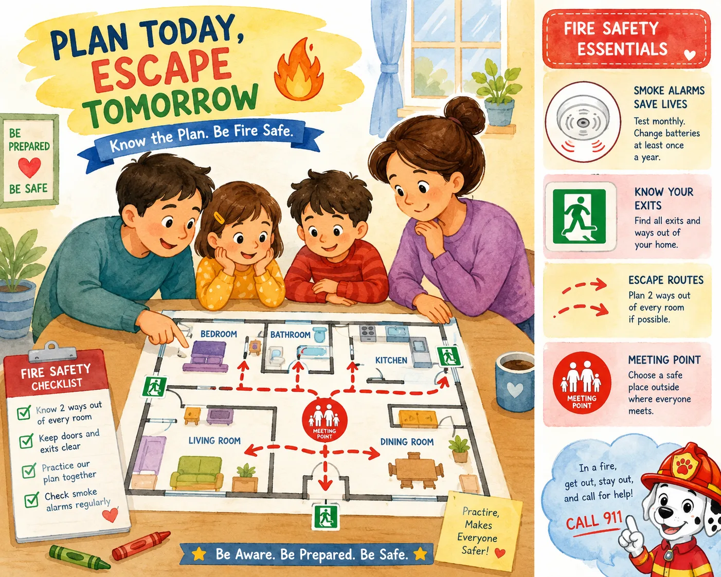 Family reviewing a home fire escape plan with exits and safety routes