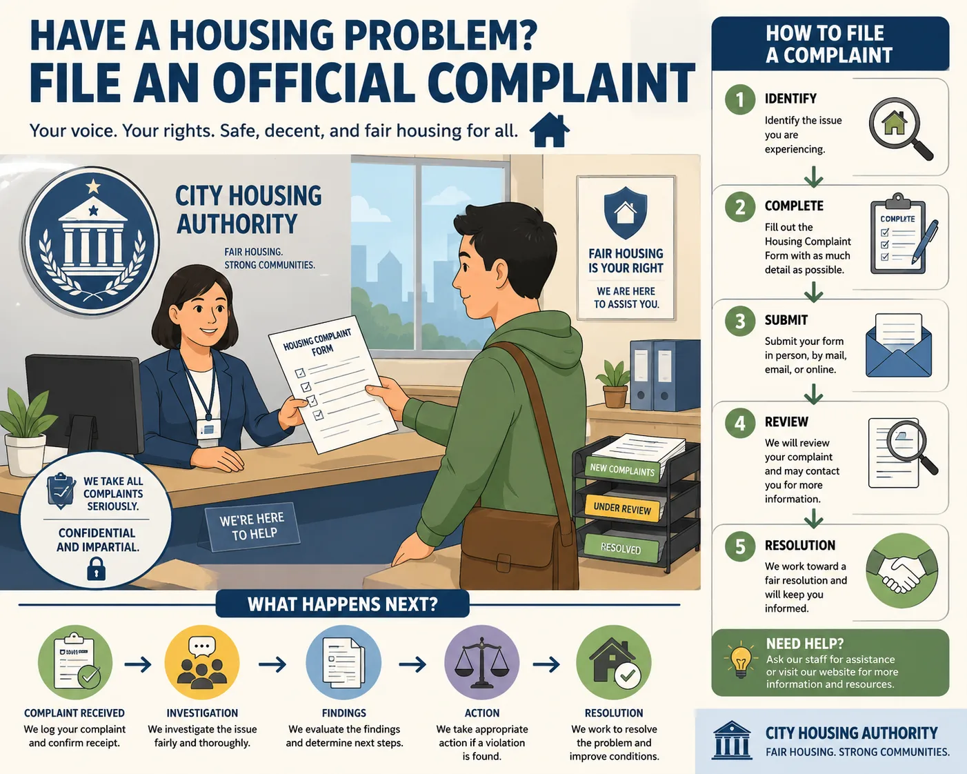 Tenant submitting official complaint documents to housing authority office