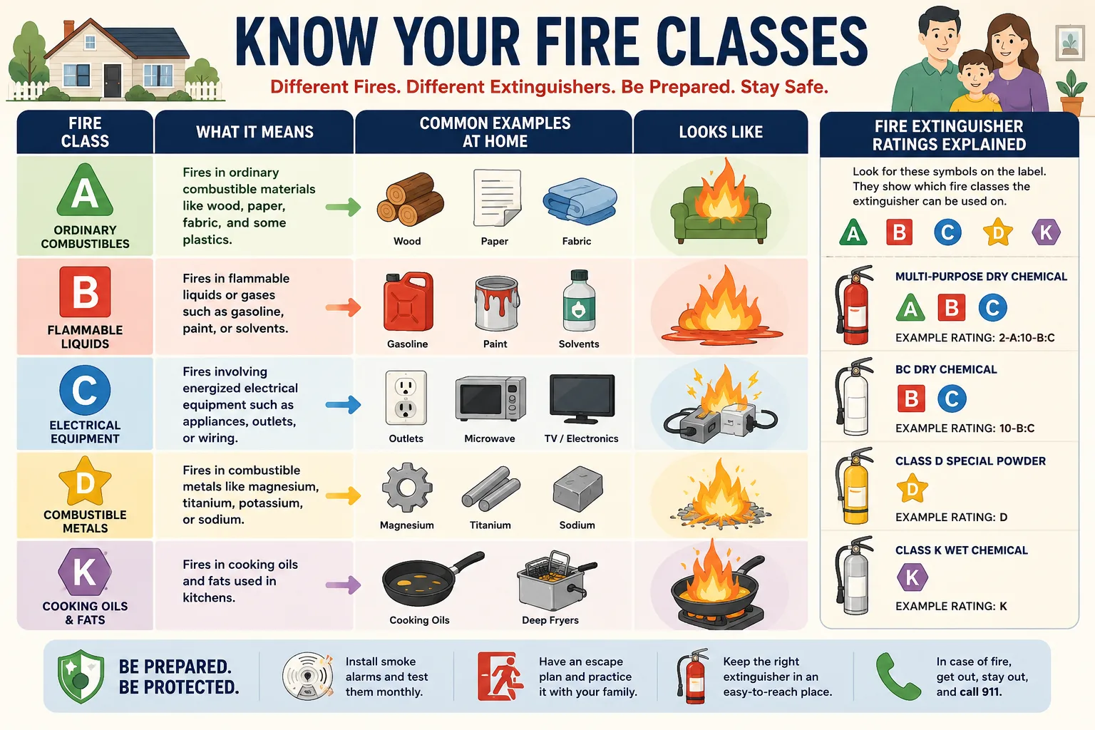 Illustrated comparison of household fire classes and extinguisher ratings