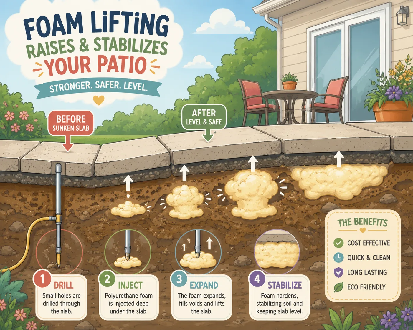 Cartoon style illustration of polyurethane foam leveling under patio slabs