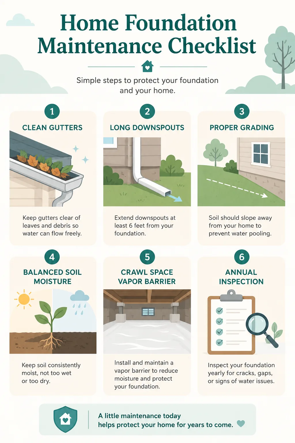 Home foundation maintenance checklist with drainage and inspection icons