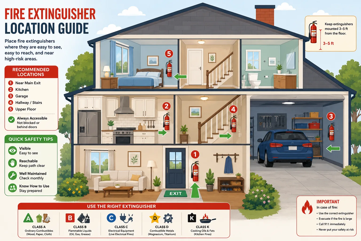 Illustration showing correct fire extinguisher placement around a home