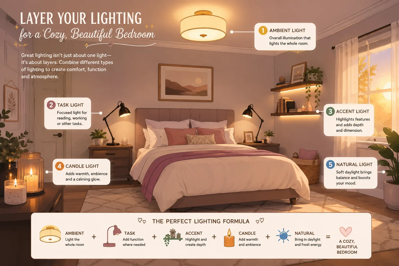 Layered bedroom lighting creating a relaxing atmosphere