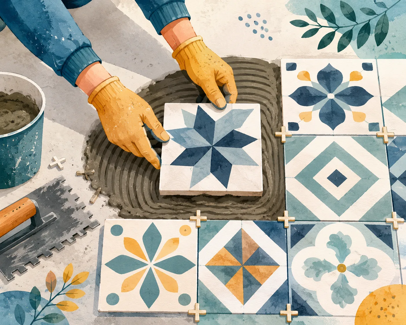 Stylized illustration of ceramic tiles being installed on a concrete floor