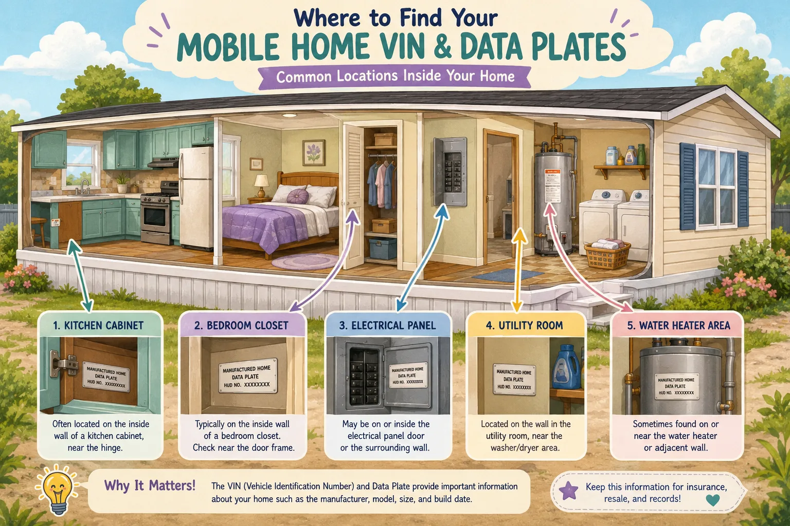 Illustration of common mobile home VIN and data plate locations inside a manufactured home
