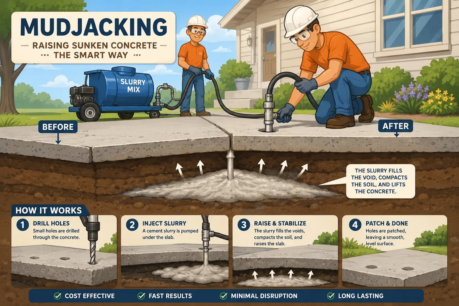 Cartoon illustration of mudjacking process lifting an uneven concrete slab