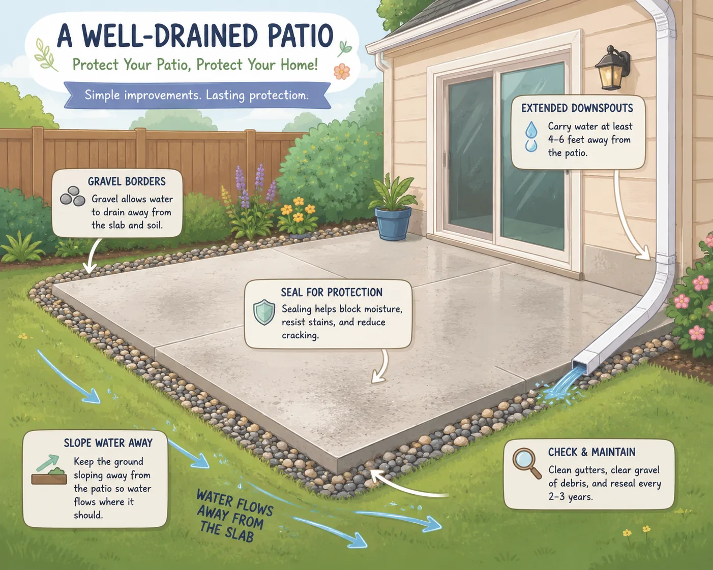 Pastel illustration of patio drainage improvements and seasonal concrete maintenance