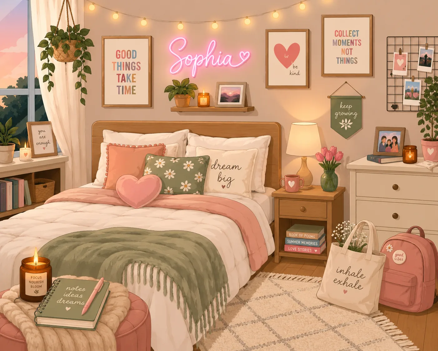Personalized cozy bedroom with plants artwork and decor