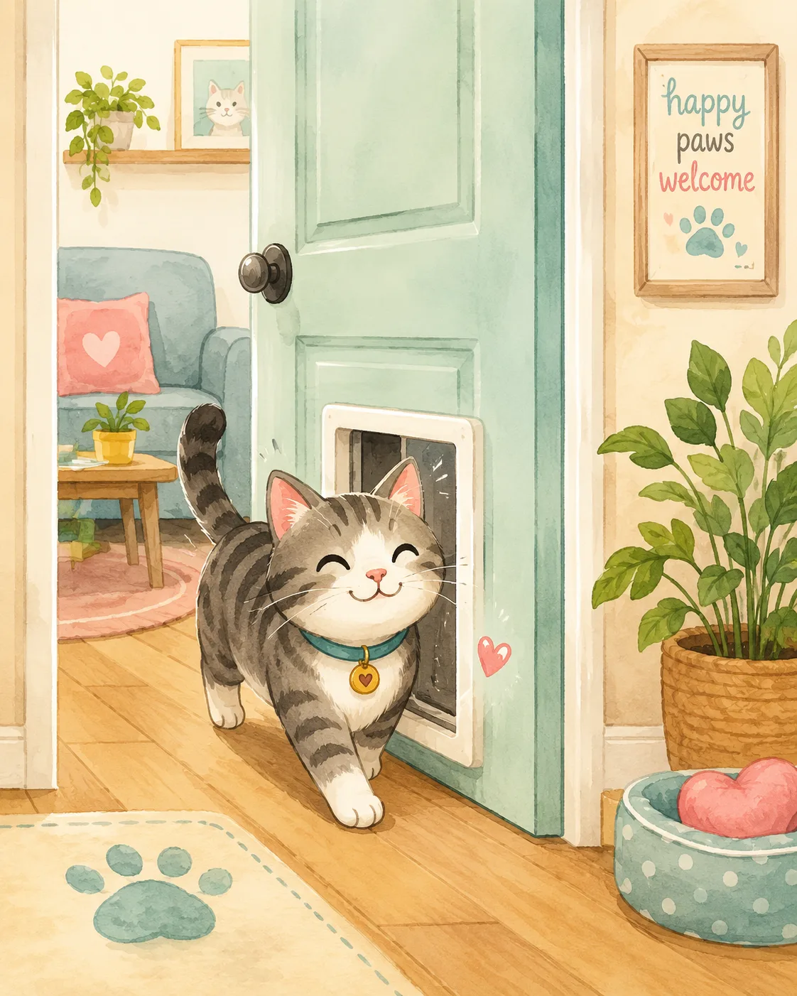 Cartoon cat walking through a partially open interior door