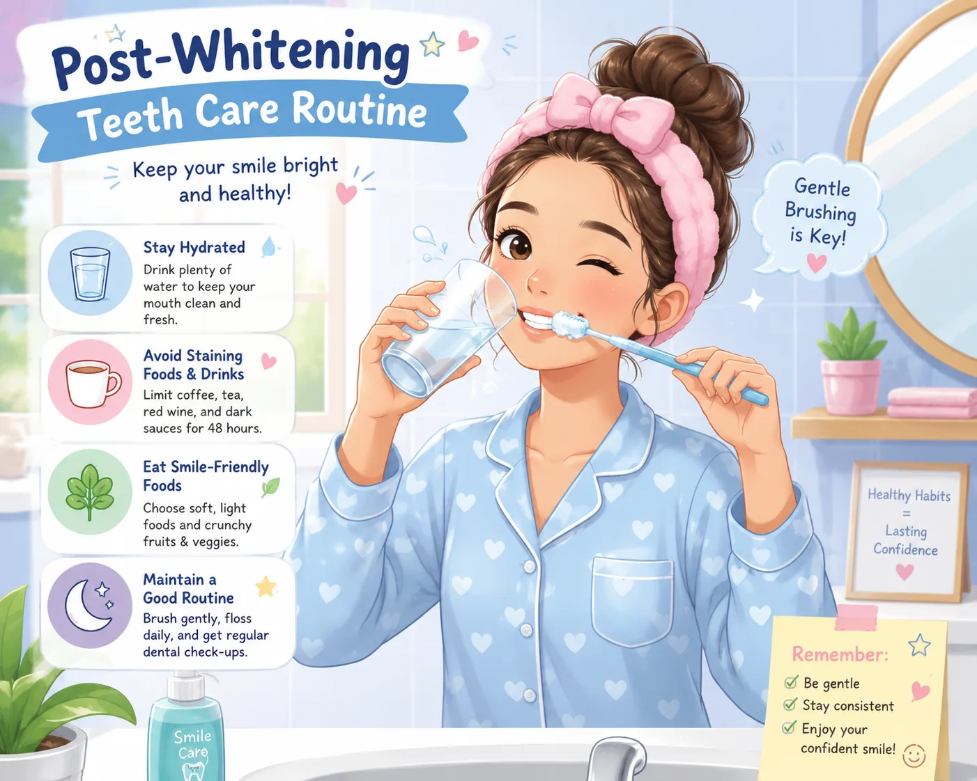 Cartoon style post-whitening teeth care routine with water and soft toothbrush