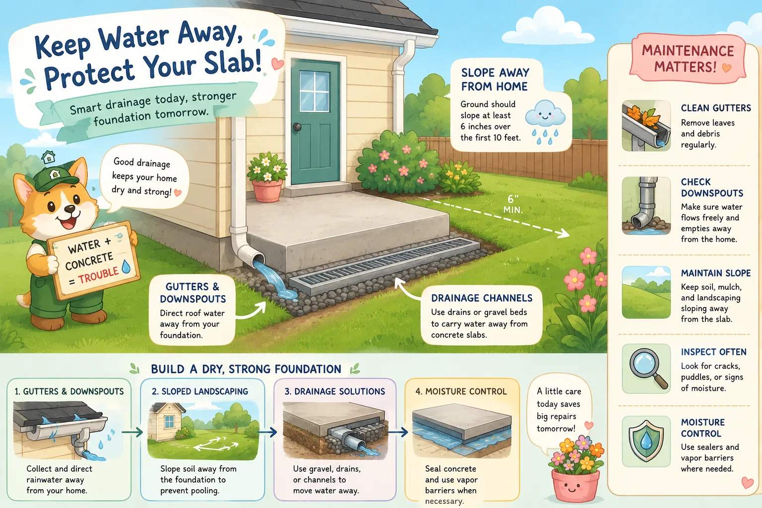 Pastel illustration of proper drainage and maintenance around concrete slabs