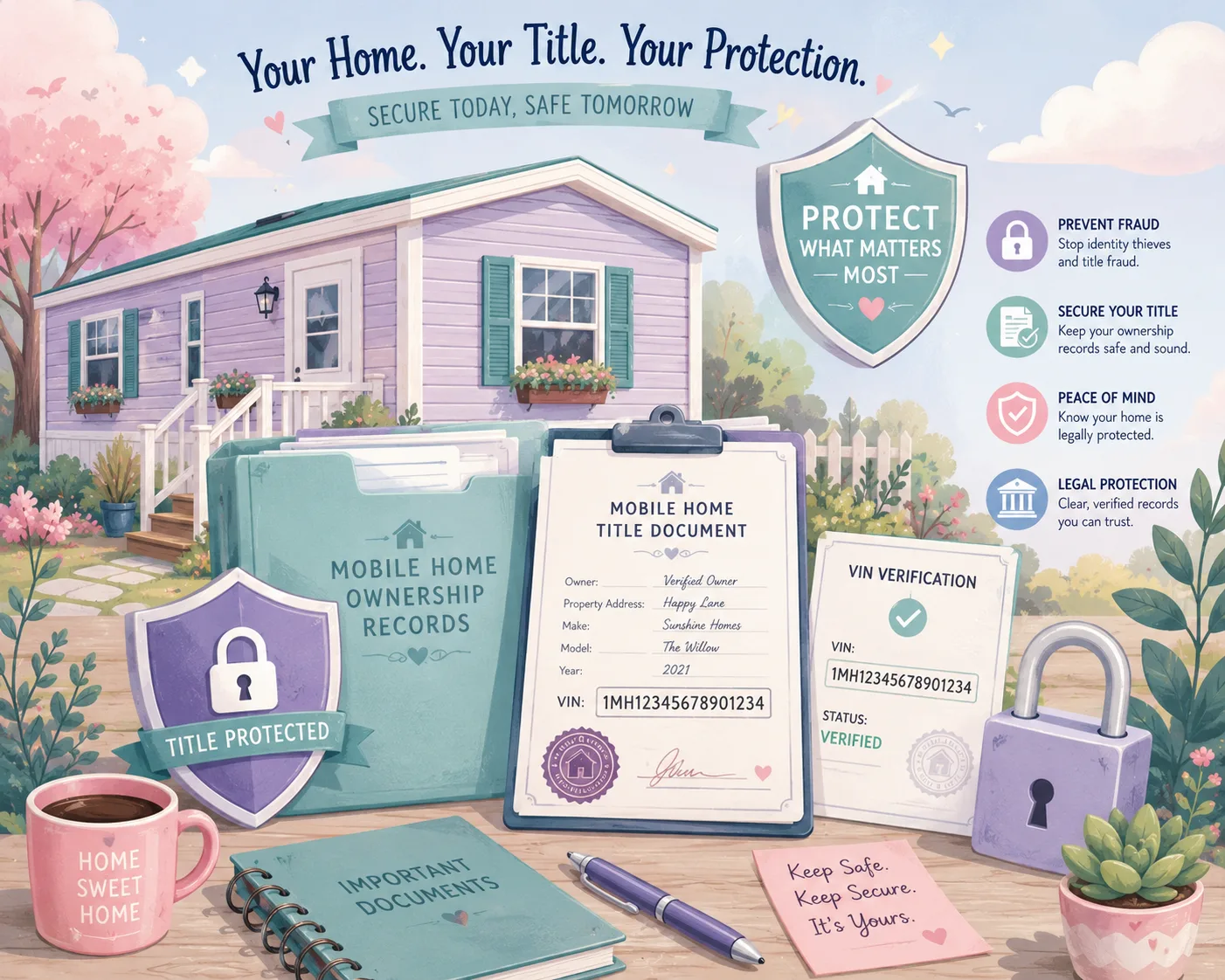 Pastel illustration of a secure mobile home title, VIN records, and fraud protection concept