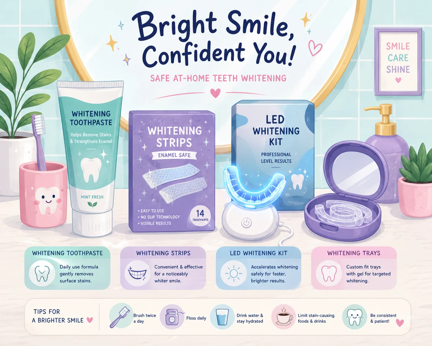 Illustrated safe at-home teeth whitening products on a bathroom counter
