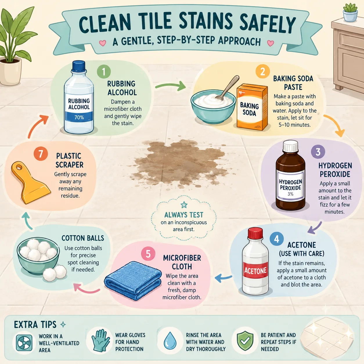 Illustrated cleaning supplies including alcohol baking soda peroxide and acetone for tile floors