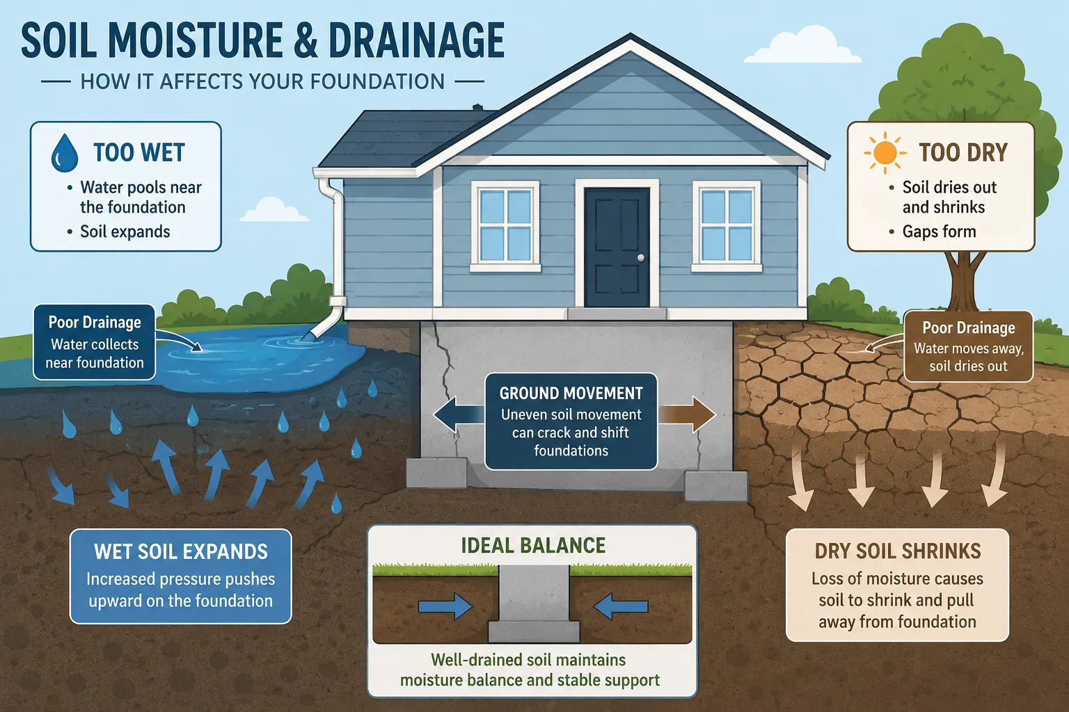 Soil moisture and drainage affecting a house foundation
