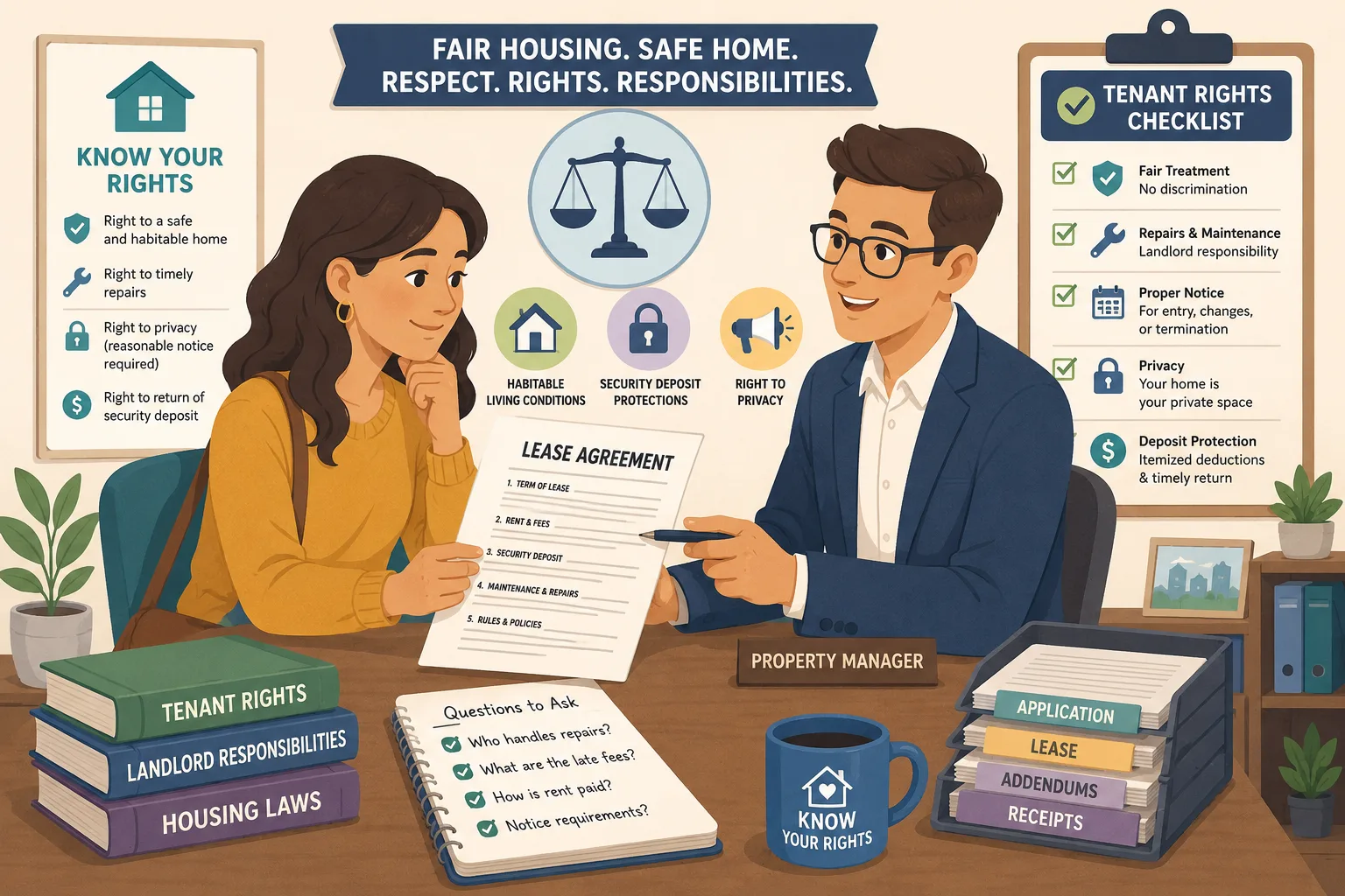 Tenant reviewing lease agreement and legal rights with property manager