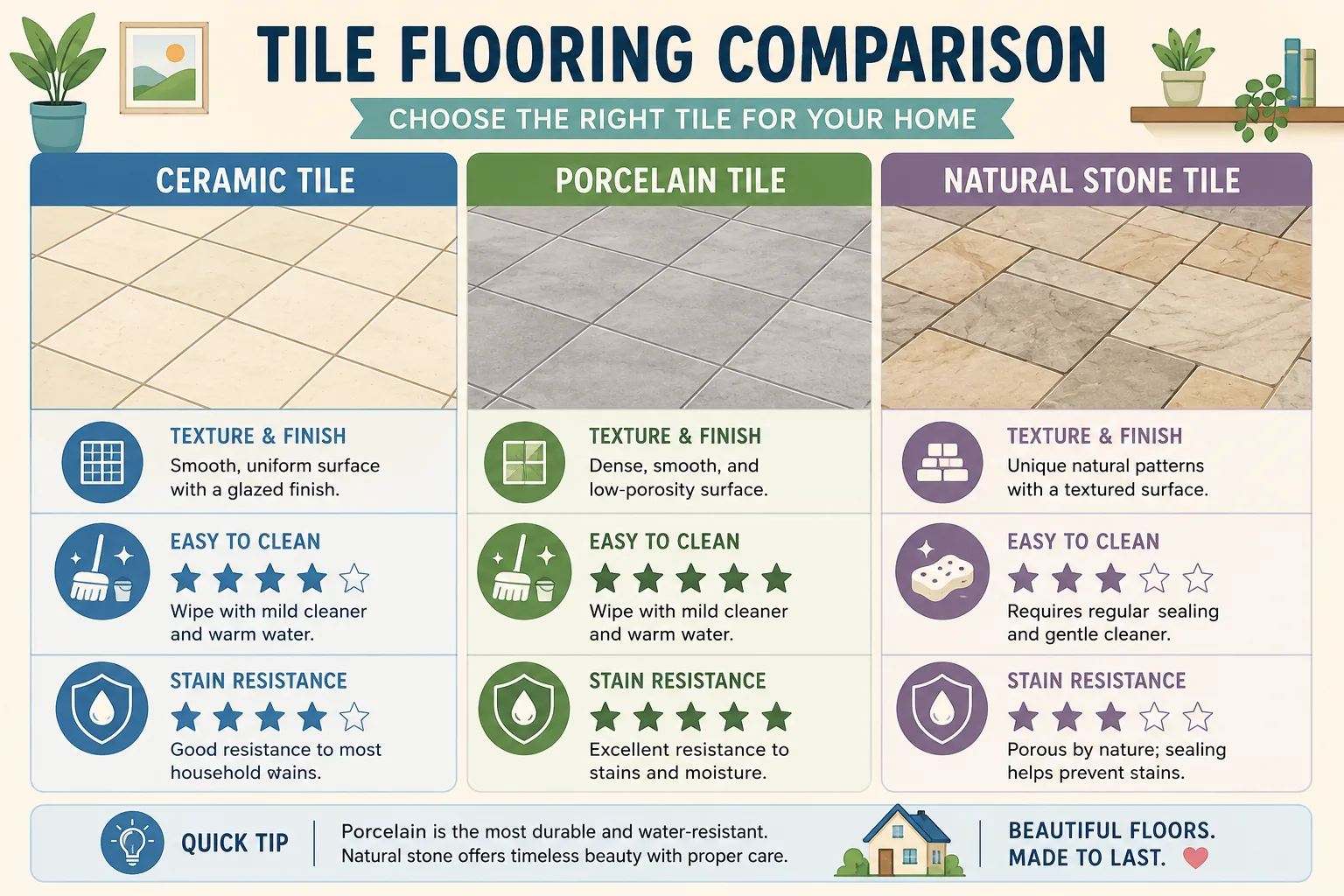 Illustrated comparison of ceramic porcelain and natural stone tile surfaces