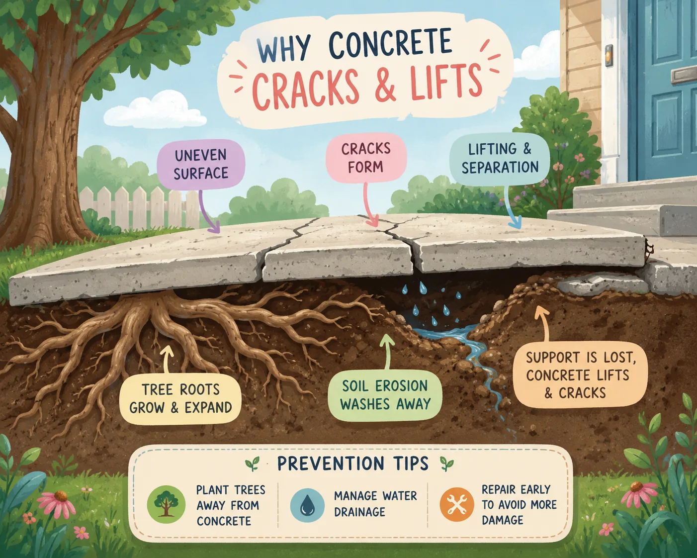 Illustration of uneven concrete slab caused by soil erosion and tree roots