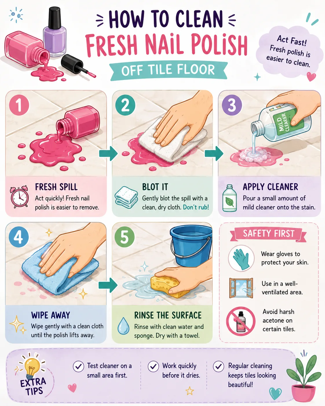 Step by step illustration of cleaning a fresh nail polish spill from tile flooring