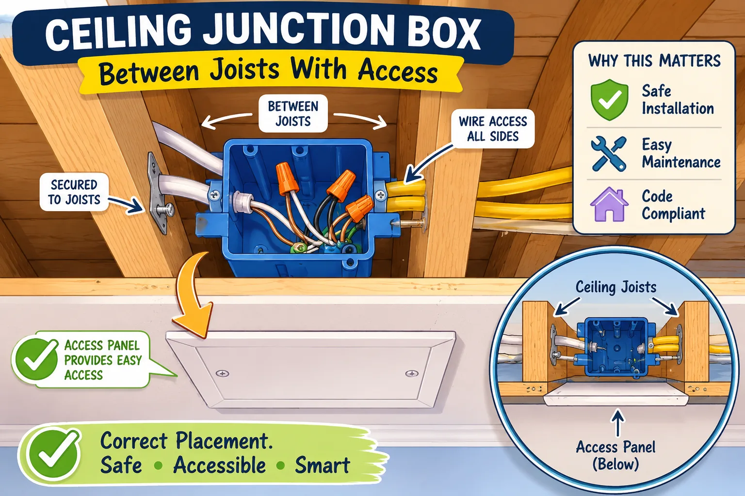 Proper ceiling junction box placement and accessibility