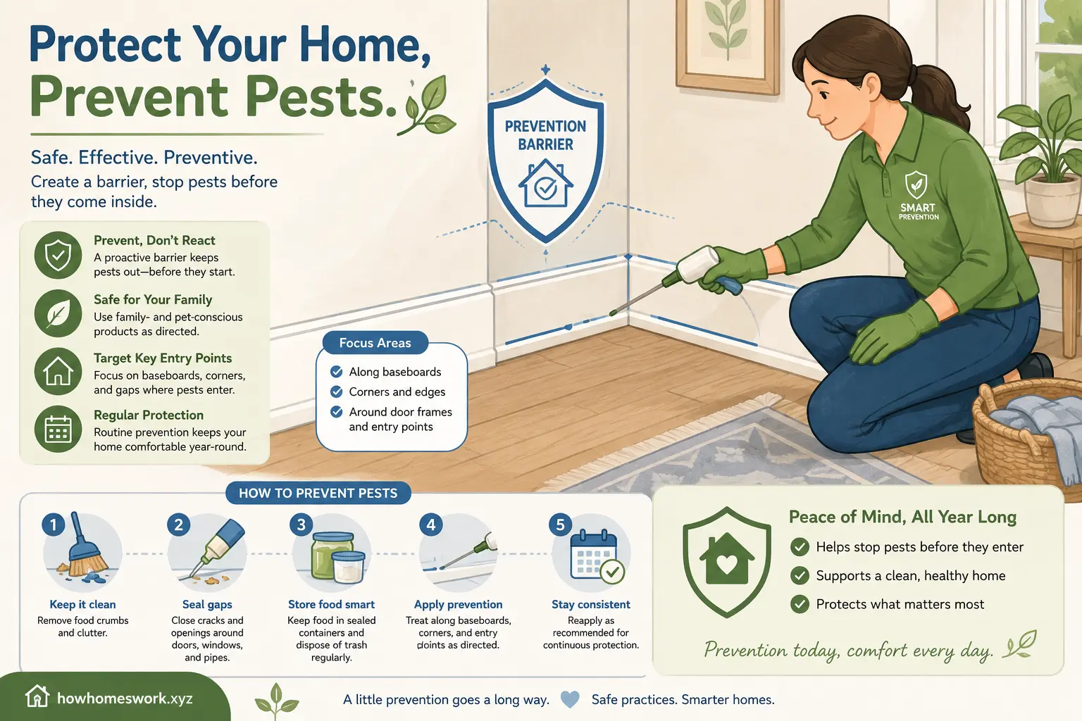 Applying chemical treatment along baseboards for spider prevention in home illustration