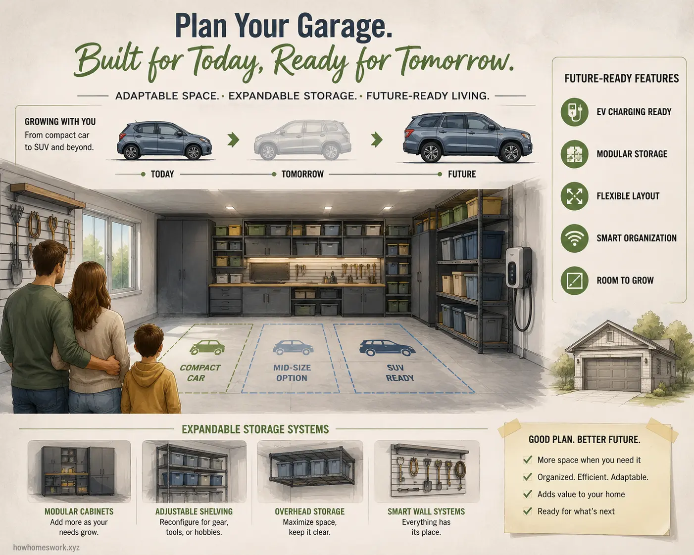 Modern garage planning illustration showing future storage and vehicle growth