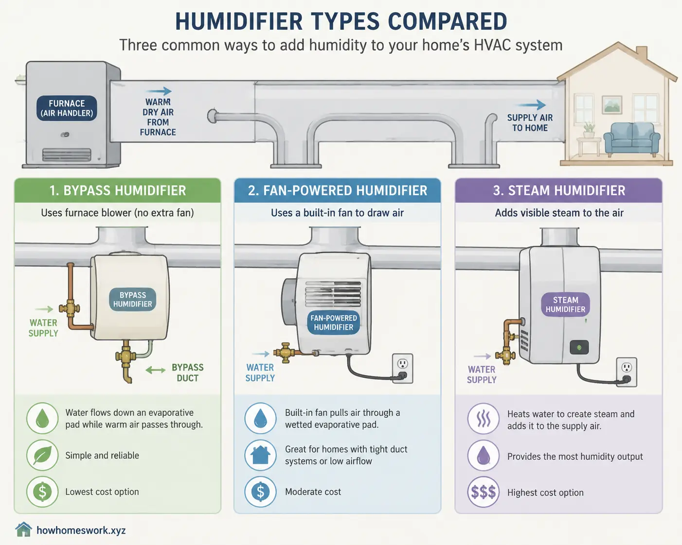 Bypass fan-powered and steam humidifier comparison diagram