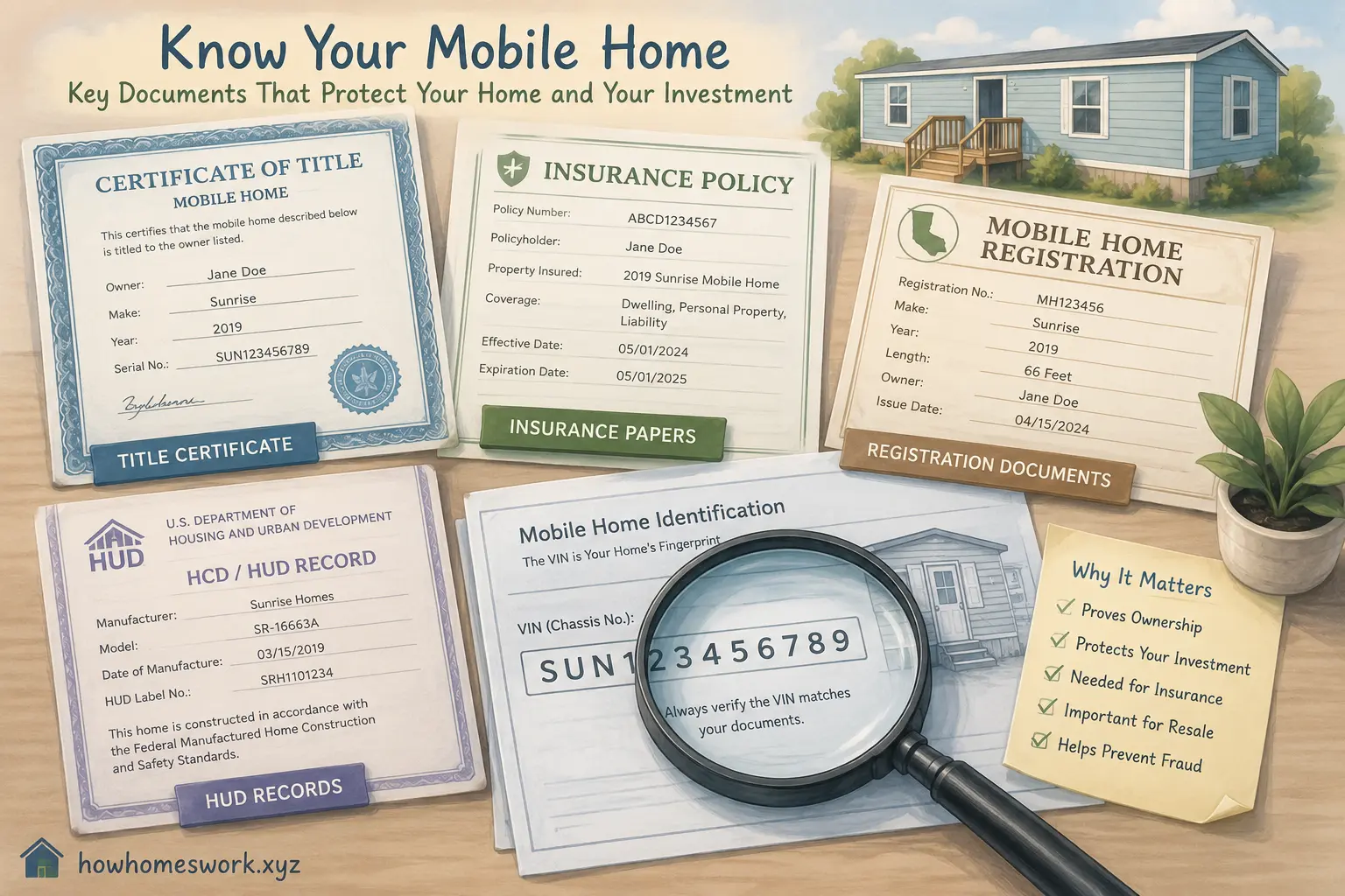 Illustration of documents used to verify a mobile home VIN