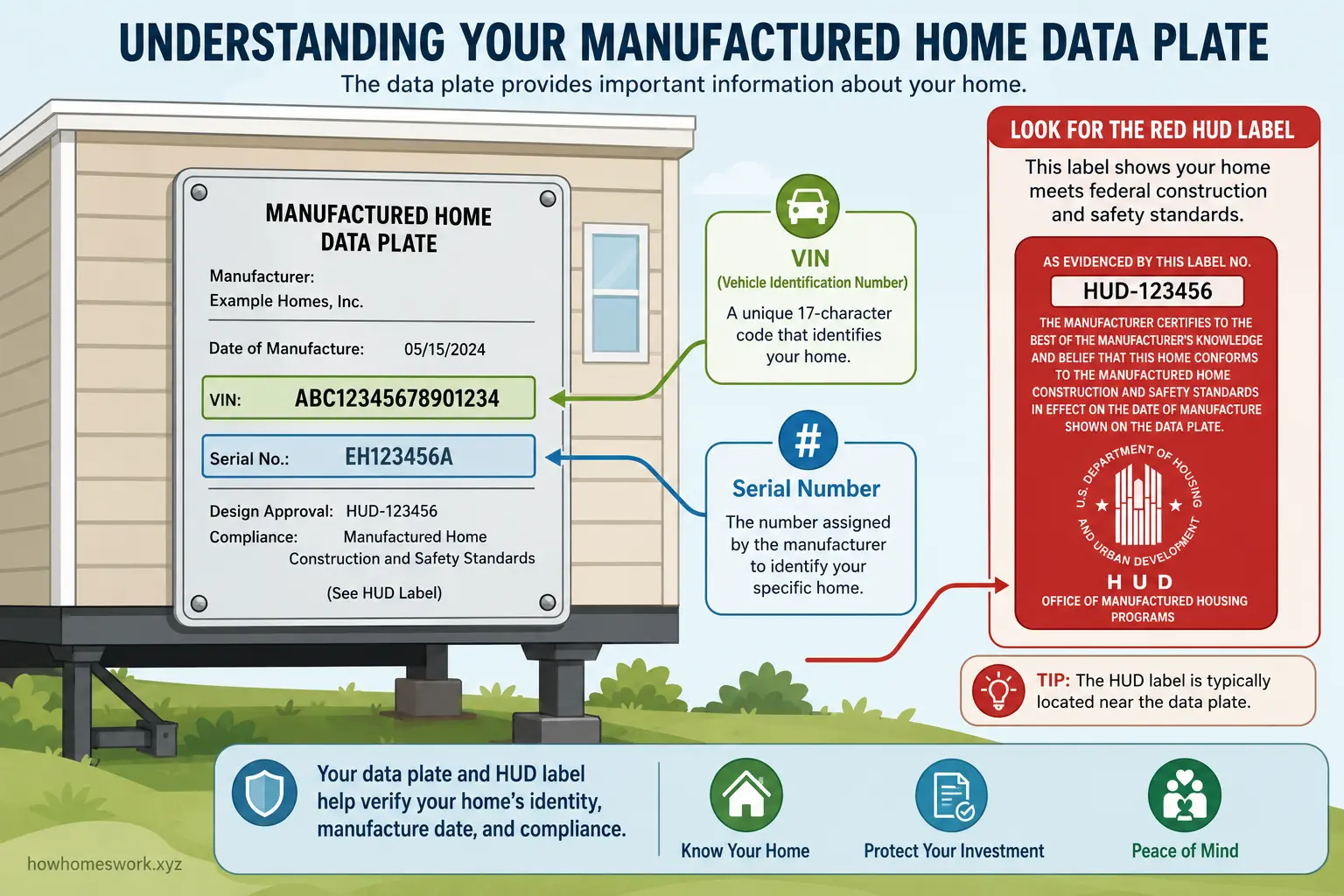 Illustrated mobile home data plate showing VIN and HUD label