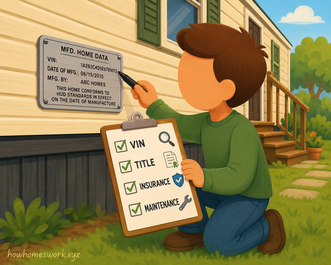 Friendly illustration of a homeowner locating a mobile home VIN