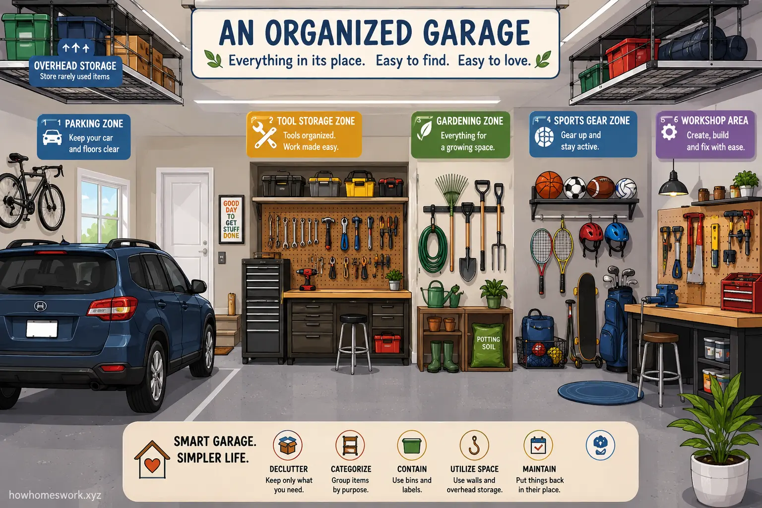 Organized single car garage layout with storage zones and workspace