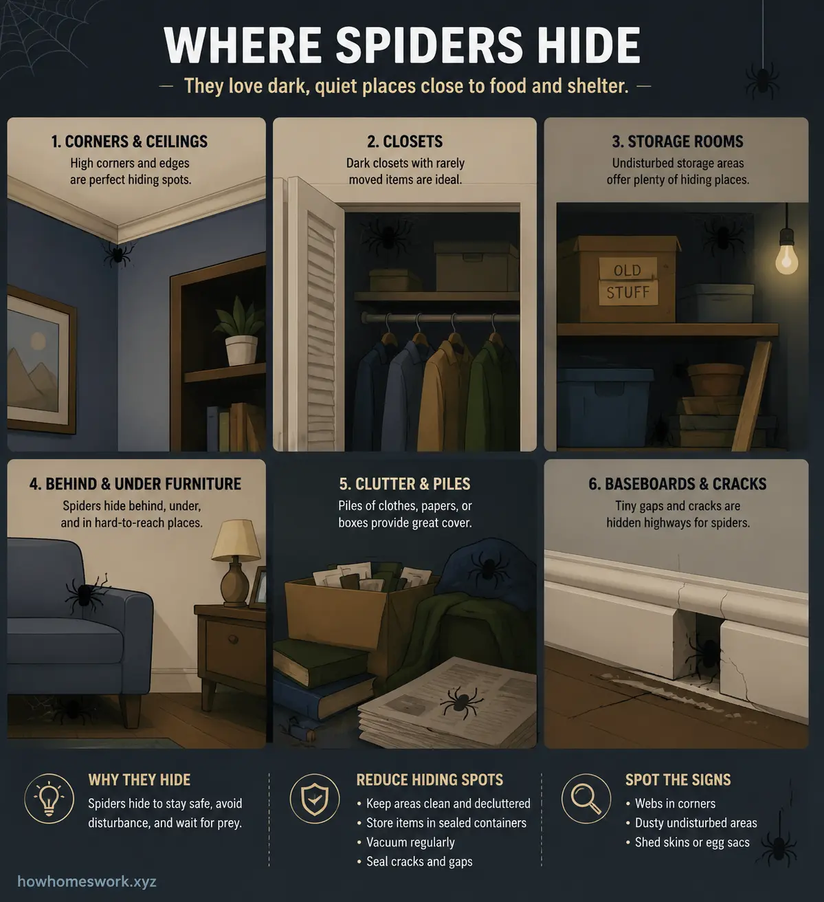 Spiders hiding in dark indoor corners, closets and cluttered storage spaces illustration