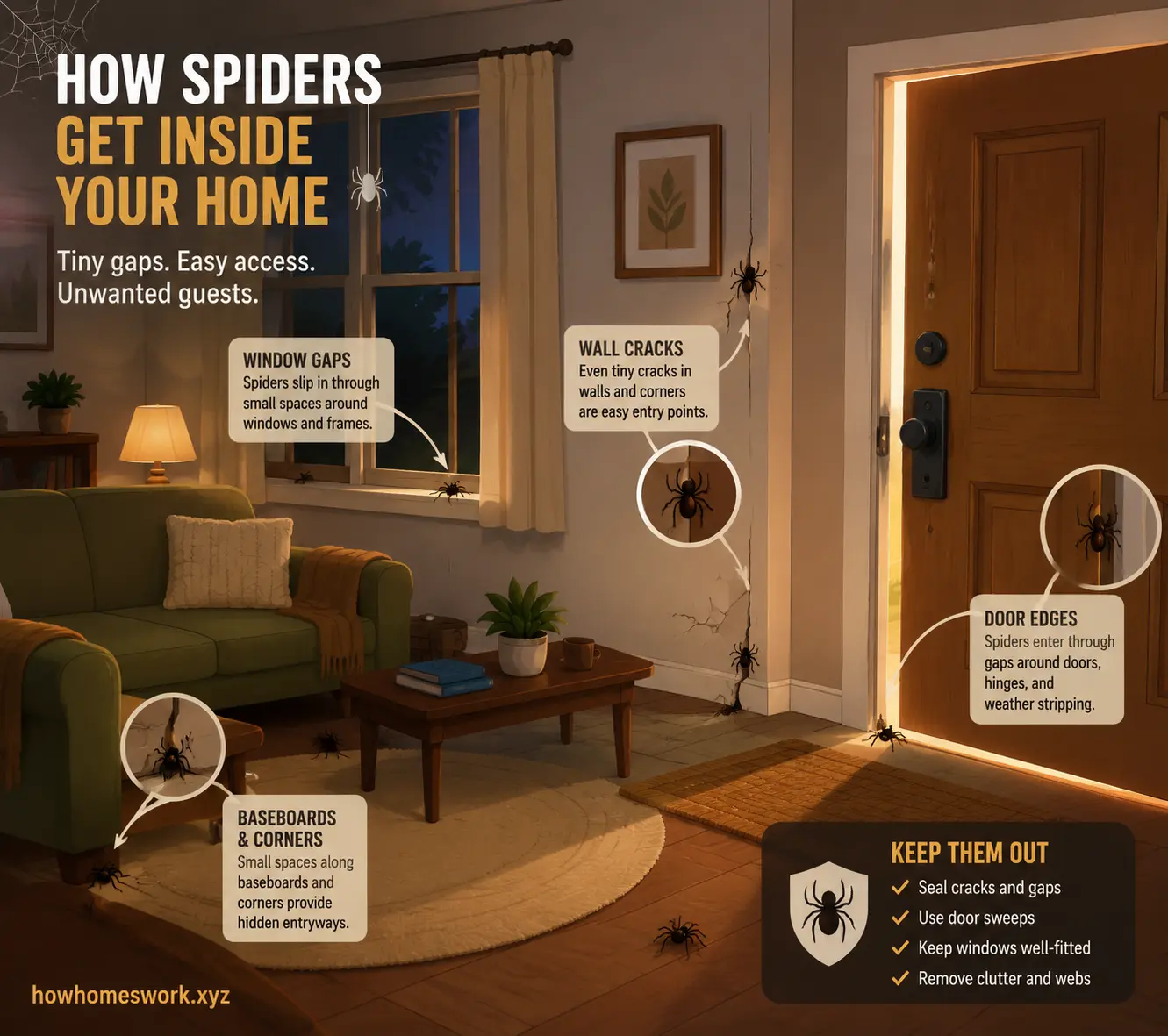 Spider entering home through small cracks in walls and windows illustration
