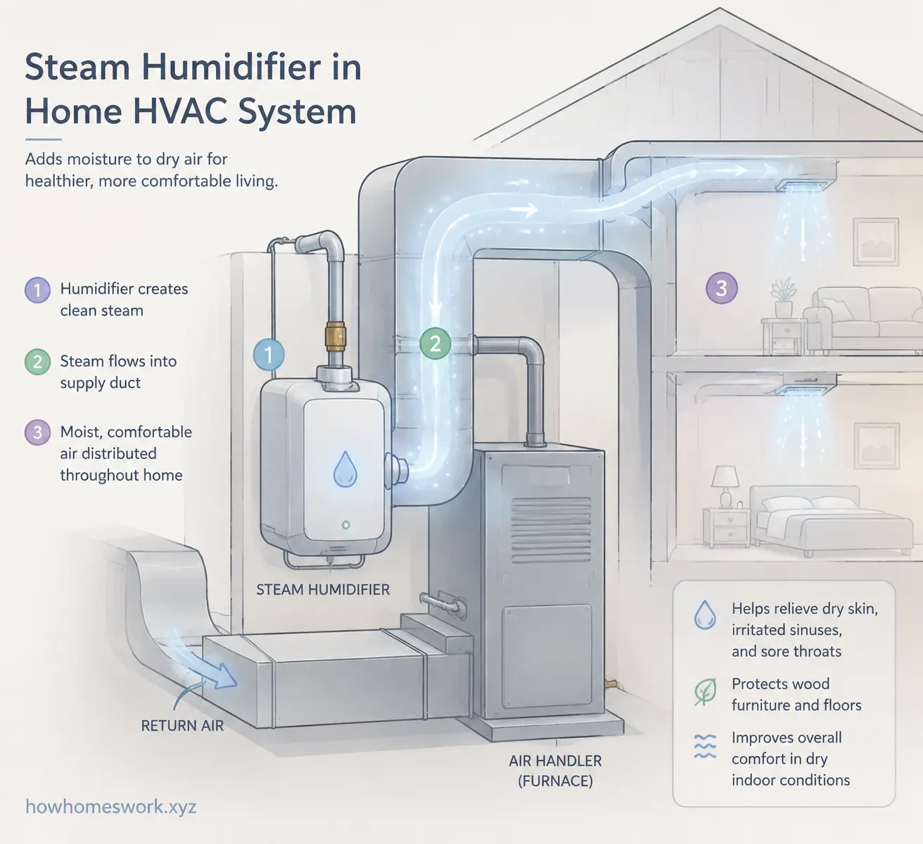 Steam humidifier integrated with home HVAC system schematic